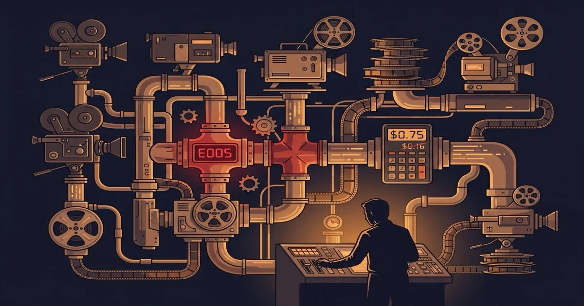 Film pipeline visualization with cameras, reels, glowing data streams and a human silhouette at the control panel