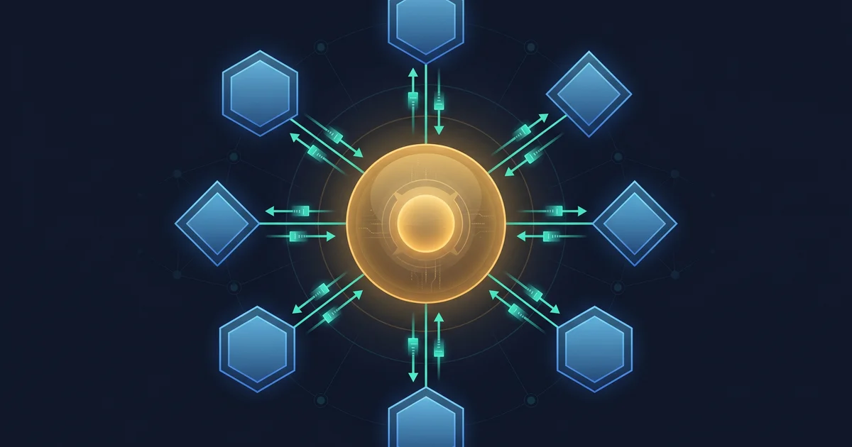 Multiple autonomous agent nodes connected to a central shared memory hub with glowing data pathways