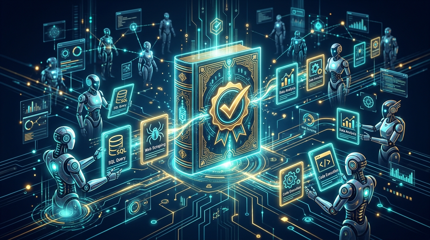 Digital marketplace interface showing verified agent skill packages flowing between autonomous AI agents with a central glowing ledger book