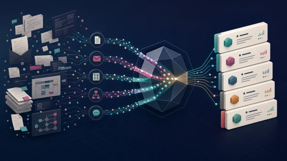 Organizational documents and process data flowing through five analysis paths into a ranked portfolio of automation opportunities