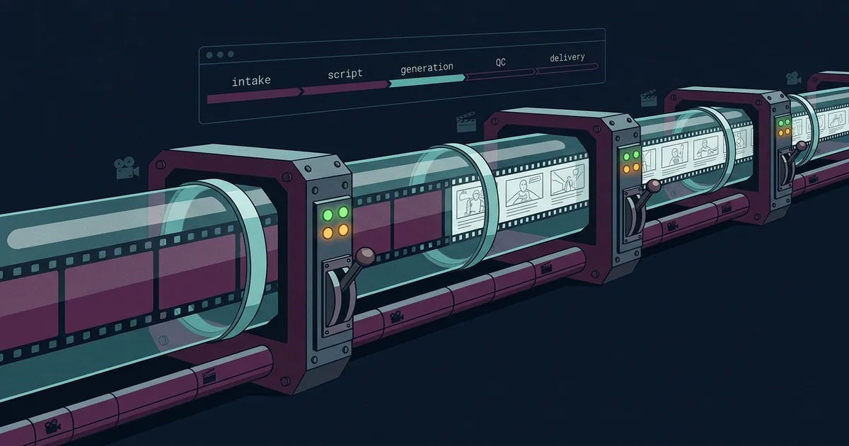 Film frames flowing through an engineering pipeline with approval checkpoints and a terminal-style phase rail