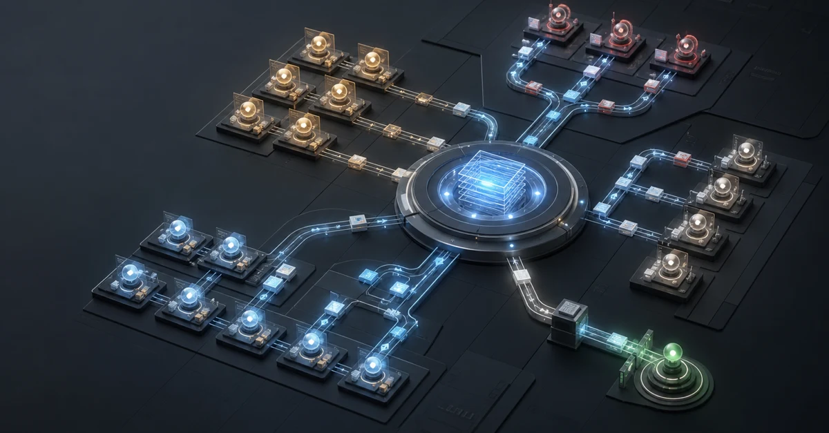 Many specialized software agents moving work through a shared, carefully controlled codebase