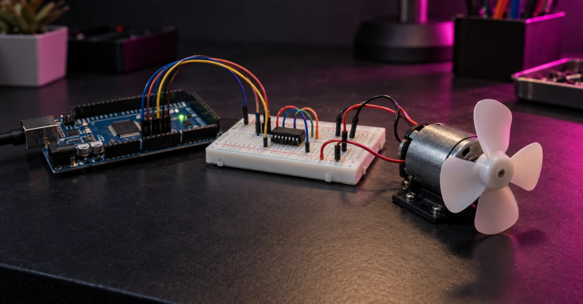 A small fan motor connected through a breadboard motor driver to a microcontroller on an electronics workbench
